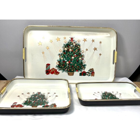 Vintage Christmas Tree Serving Tray Lacquerware Set Of 3 Trays With Gold Rim & H - Picture 1 of 7
